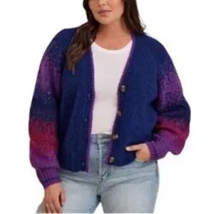 Torrid Chunky Button Front V Neck Cardigan Sweater Purple Stripe (Size 3 / 3XL)